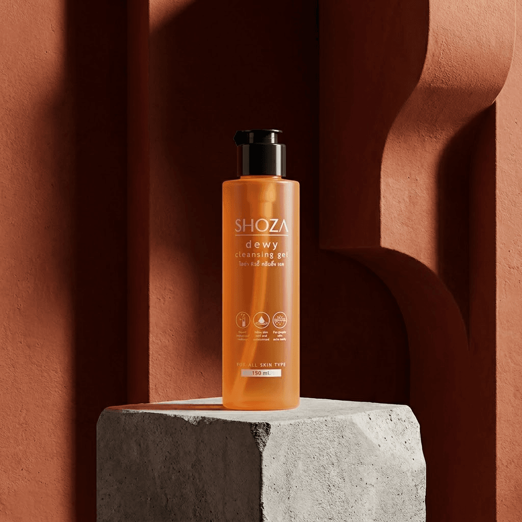 ขวดคลีนซิ่งเจล SHOZA Dewy Cleansing Gel สีส้มใส ตั้งบนแท่นปูนบนพื้นหลังโค้งสีดินเผา